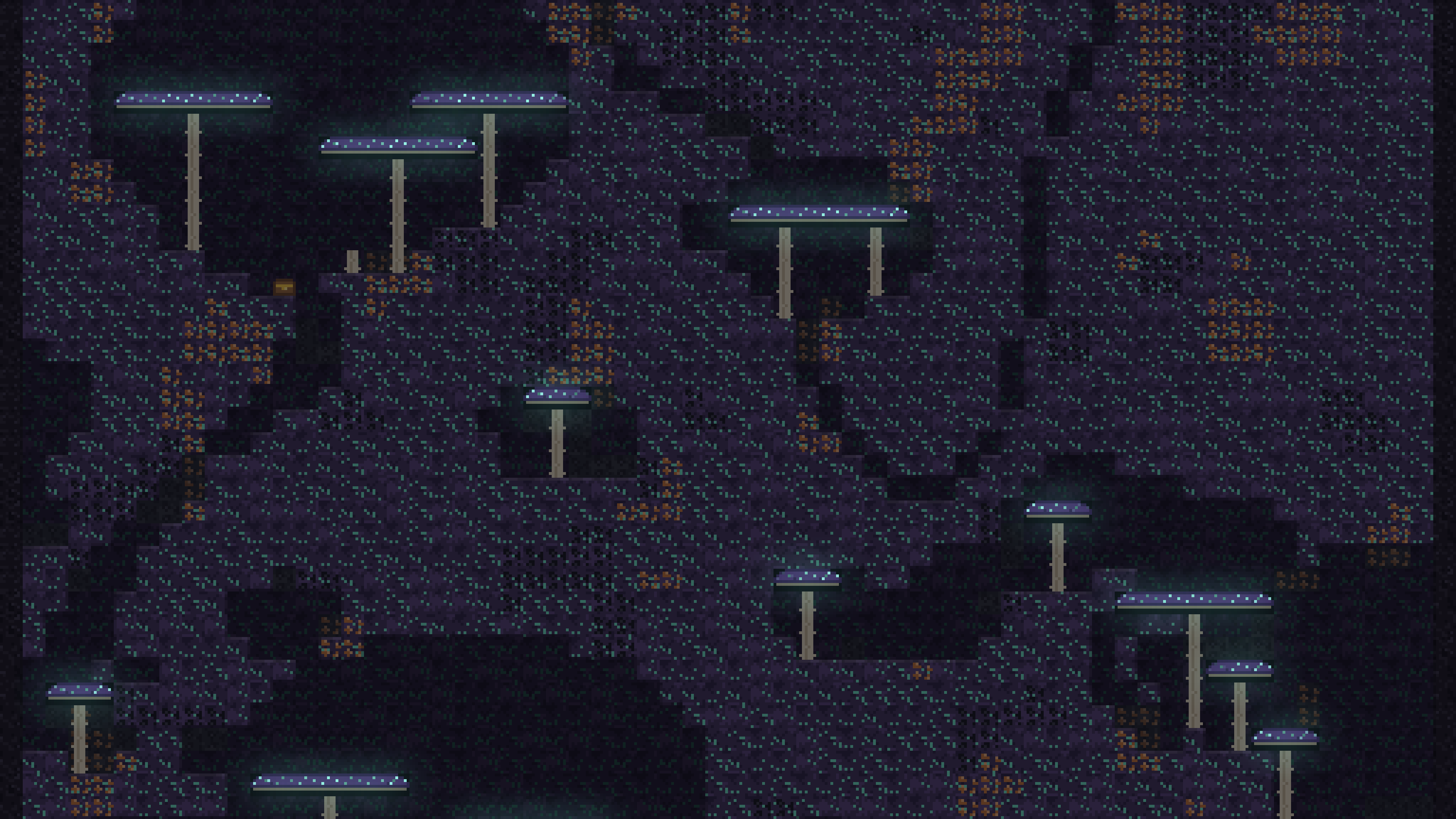 DEEPER’s fungal depths: giant glowing mushrooms in wide purple caverns.